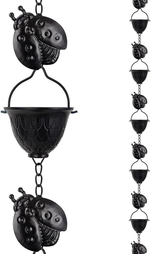 9.2 FT Rain Chain, Black Rain Gutter Chains with 12 Cups & Detachable Ladybugs Decor, Adjustable Rain Catcher Chain for Outddor Decor, Replacement for Downspout