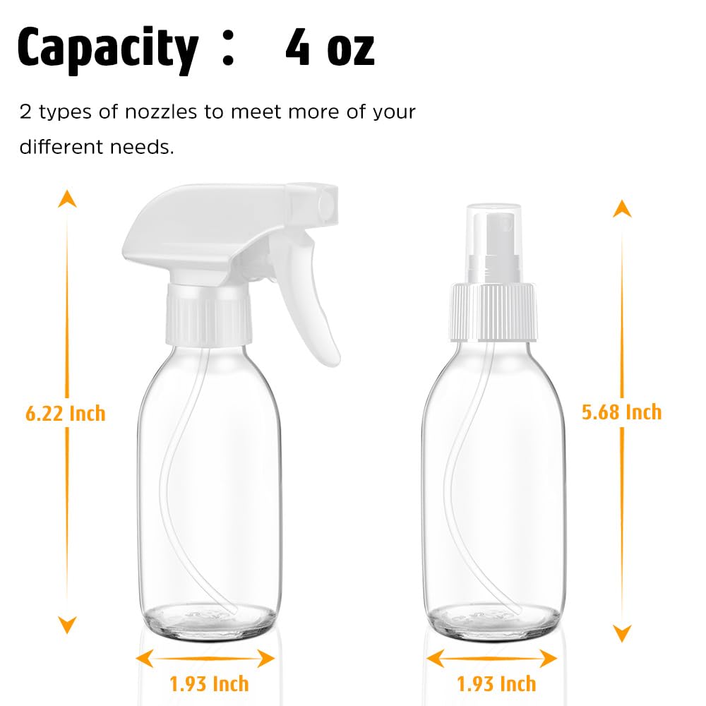 Tecohouse Glass Spray Bottles 4 OZ, Empty Small Spray Bottles 2 Pack for Essential Oils, Cleaning Solutions, Plants, Hair Mister, withDurable Nozzle, Labels, Funnel, Pipettes Clear