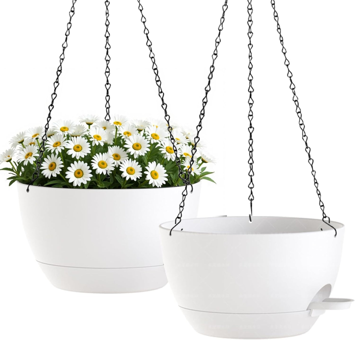 10 Inch Hanging Planters with Chains 2 Pack Self Watering White Plastic Hanging Pots for Indoor Outdoor Plants, Garden Porch Home Decor (White)
