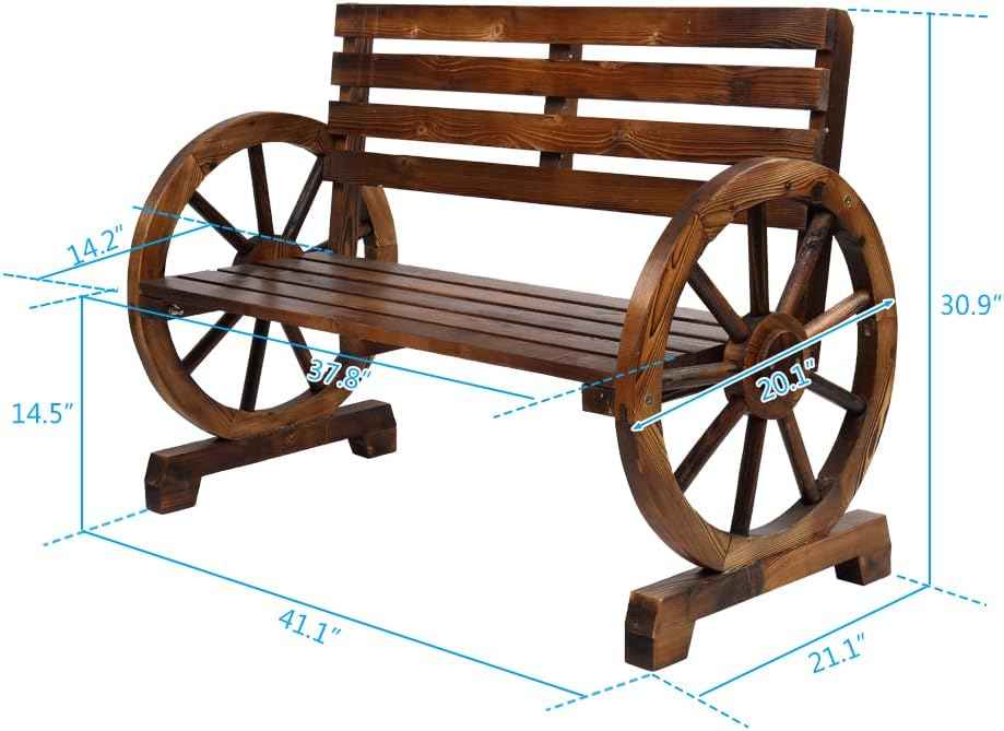 Outdoor Bench, 41 Inch Patio Bench, Rustic Wooden Wheel Bench, Wagon Slatted Seat, Porch Furniture, for Backyard, Patio, Garden, Outdoor Lounge, Brown