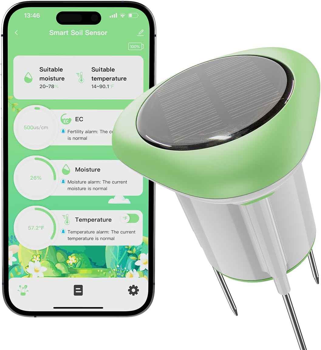 Smart 3-in-1 Soil Moisture/Temperature/Fertility Meter for Plant, Soil Test Kit for Garden/Farming/Lawn, GreenVation Digital Soil Sensor with Tuya/Smart Life APP Push Notification