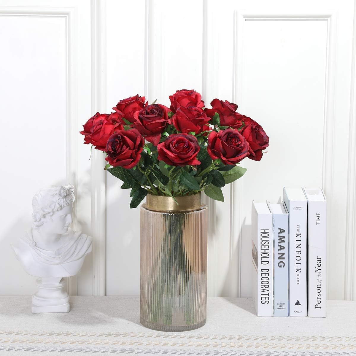 Burgundy Fake Roses Artificial Flowers - 10 Pcs Fake Artificial Roses Silk Flowers with Stems for Home Wedding Hotel Office Centerpiece Decor（Burgundy）