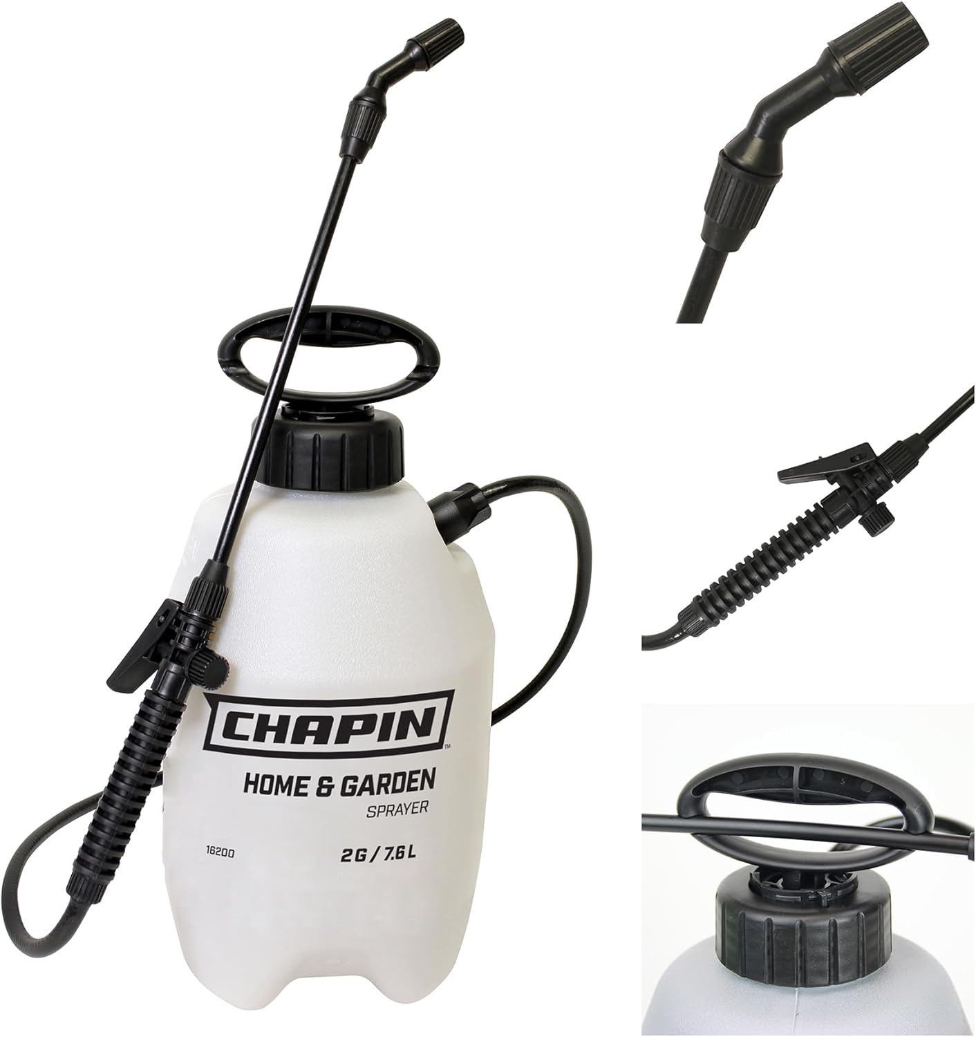Chapin 16200 2-Gallon Made in USA Garden Pump Sprayer with Ergonomic Handle, Trigger Shut Off, Adjustable Cone Nozzle and in-Tank Filter, for Spraying Weeds, Insects, Fertilizers, Translucent White