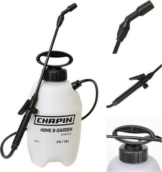 Chapin 16200 2-Gallon Made in USA Garden Pump Sprayer with Ergonomic Handle, Trigger Shut Off, Adjustable Cone Nozzle and in-Tank Filter, for Spraying Weeds, Insects, Fertilizers, Translucent White