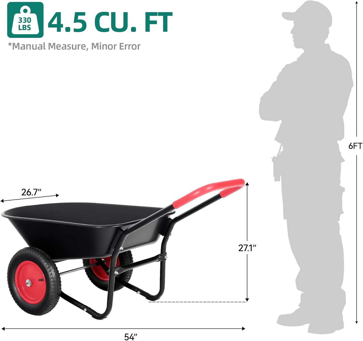 2 Wheel Wheelbarrow, Dual-Wheel Garden Dump Cart with 13" Non-Slip Pneumatic Tires & Ergonomic Padded Handle, Heavy-Duty Home Utility Yard Cart Wagon with 4.5 Cu Ft Capacity for Lawn, Gardening