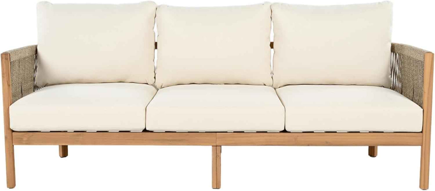 Christopher Knight Home Havets 5 Pieces Outdoor Acacia Furniture Set, Woven Rope Loveseat and Accent Club Chairs, 6" Thick Cushions Sofa and Coffee Table Set for Backyard Garden Balcony, Teak+Beige