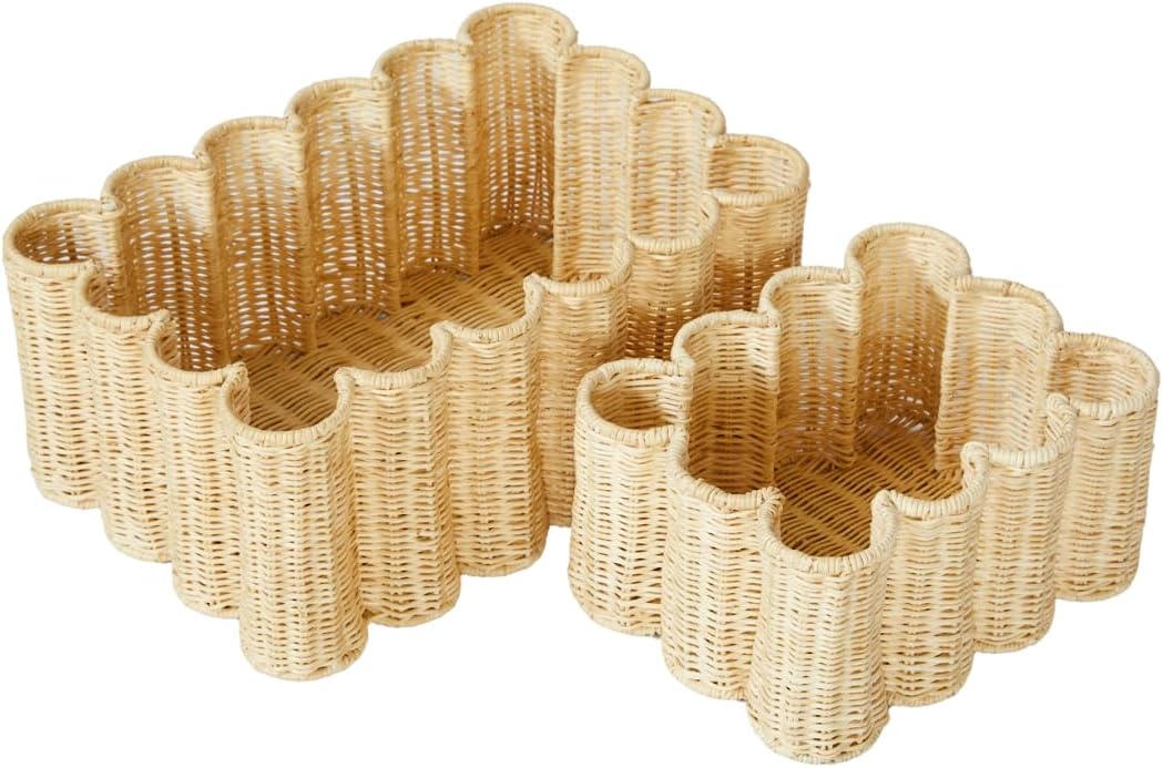 BEBE BASK Unique Wavy Scalloped Basket Set Of 2 - Scallop Basket - 16 x 10 x 7 In - Hand-Woven Elegant Wicker With Scalloped Edge Lid - Nursery Storage - (Earthy)