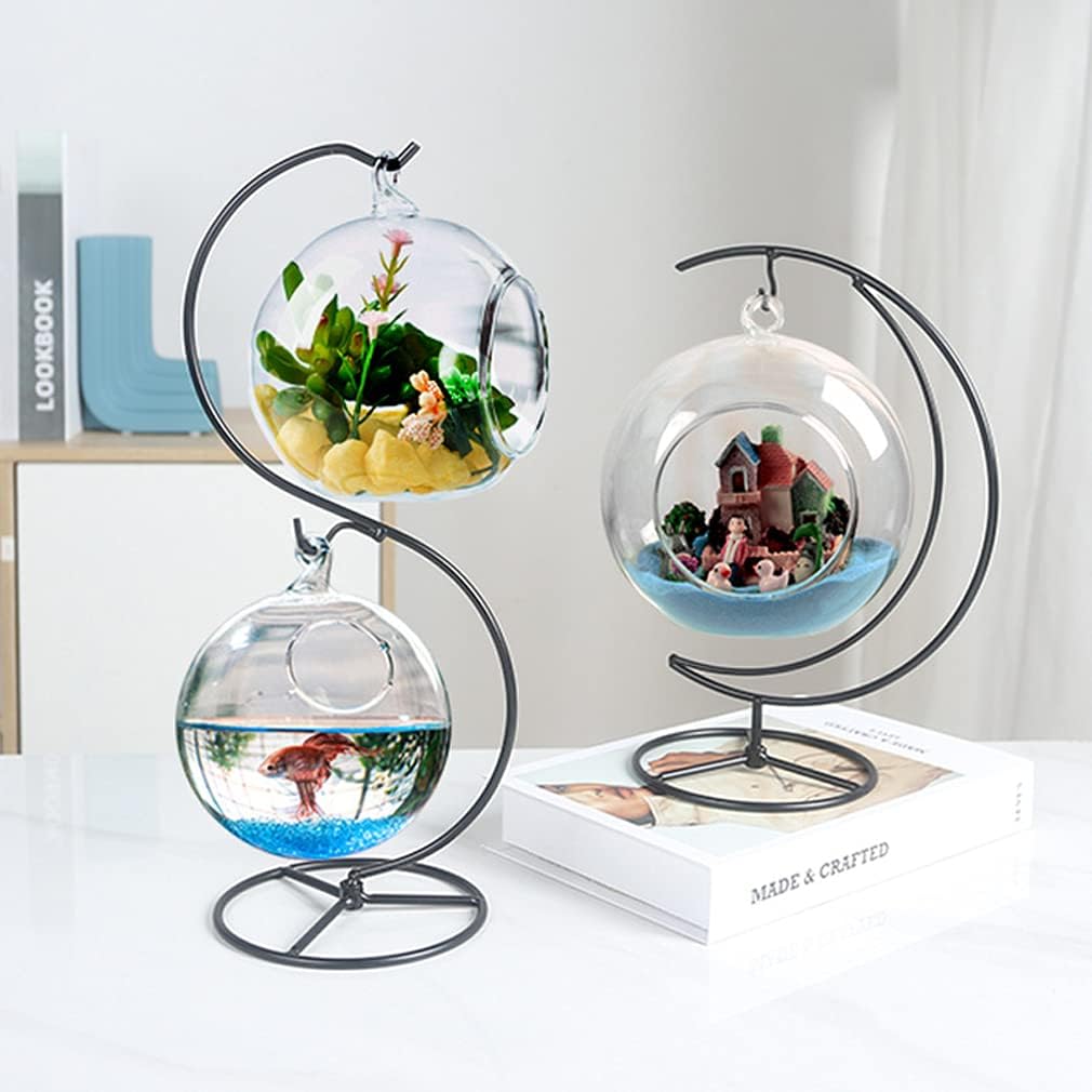 Ornament Display Stand Air Plant Stand Iron Hanging Stand Flower Pot Stand Rack Holder for Hanging Glass Globe Witch Ball Terrarium Christmas Ornament and Home Wedding Decoration(Black) (Moon)