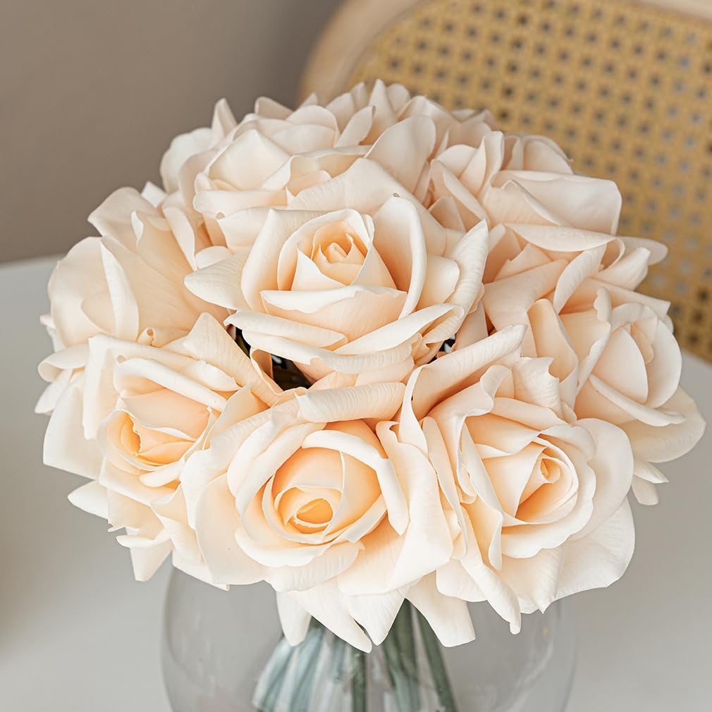 Artificial Roses Single Stem 10pcs Fake Silk Flower Arrangement Bouquet Real Touch for Home Party Wedding Decoration(Champagne)