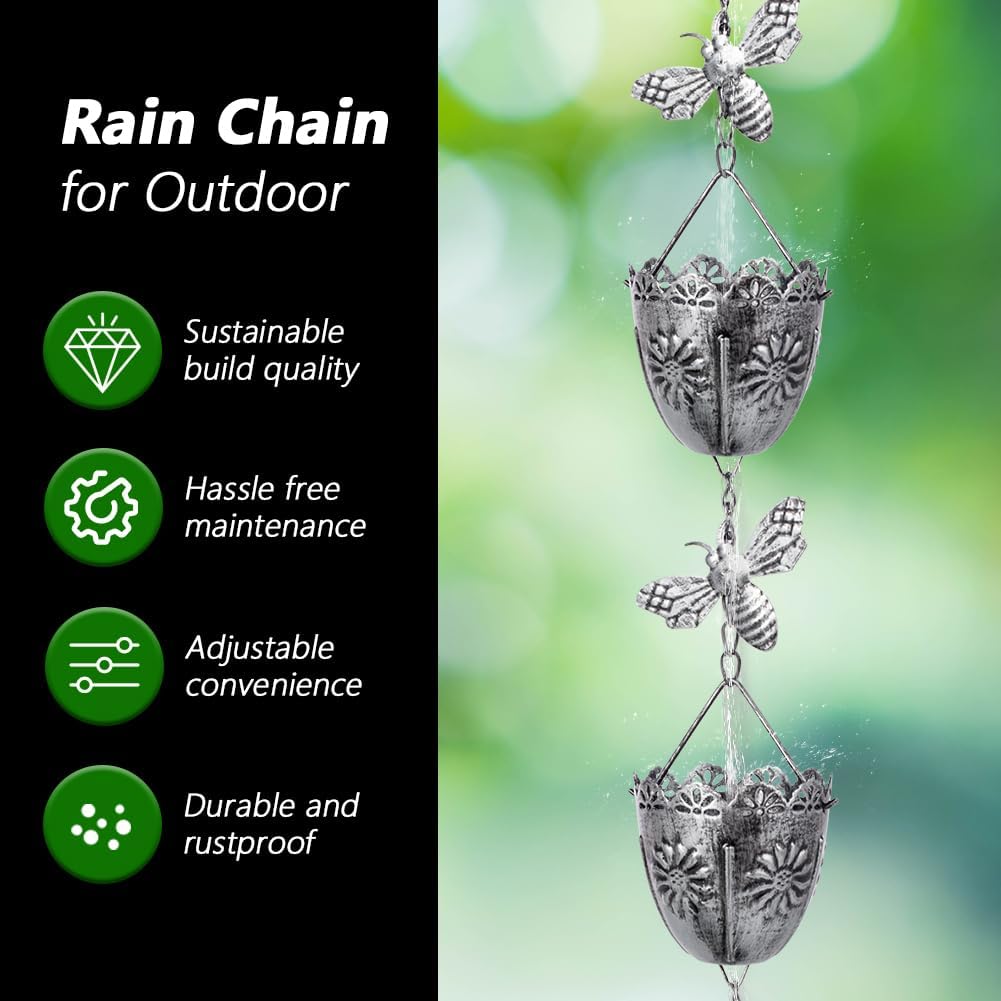 7.8 FT Rain Chain, Metal Rain Gutter Chains with 10 Cups & Detachable Bees Decor, Adjustable Rain Catcher Chain with Bell for Eaves Drainage, Replacement for Downspout