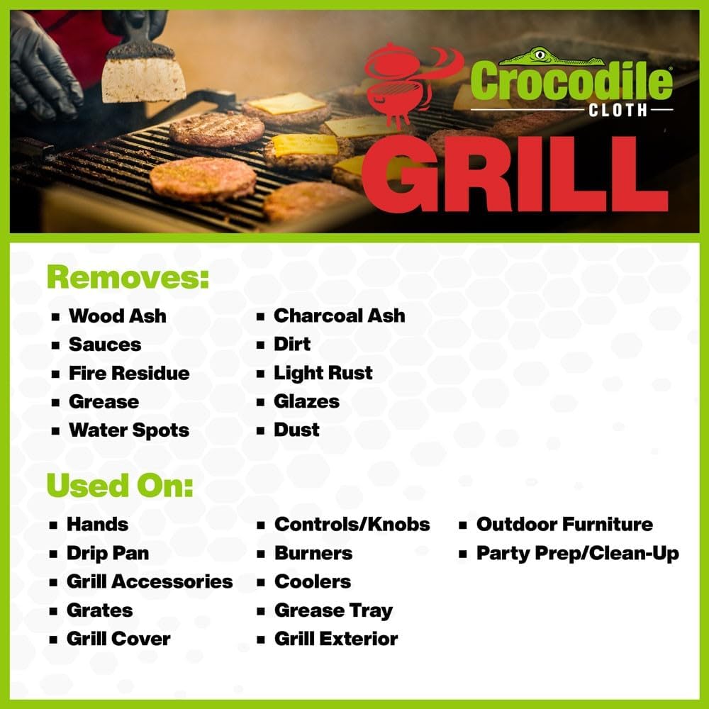 Crocodile Cloth Grill Wipes, 640 Count (8 Packs) – Extra-Large 15” x 10” Plant-Based Cleaning Cloths, Safe on Skin & Surfaces, Pre-Moistened with Aloe & Vitamin E