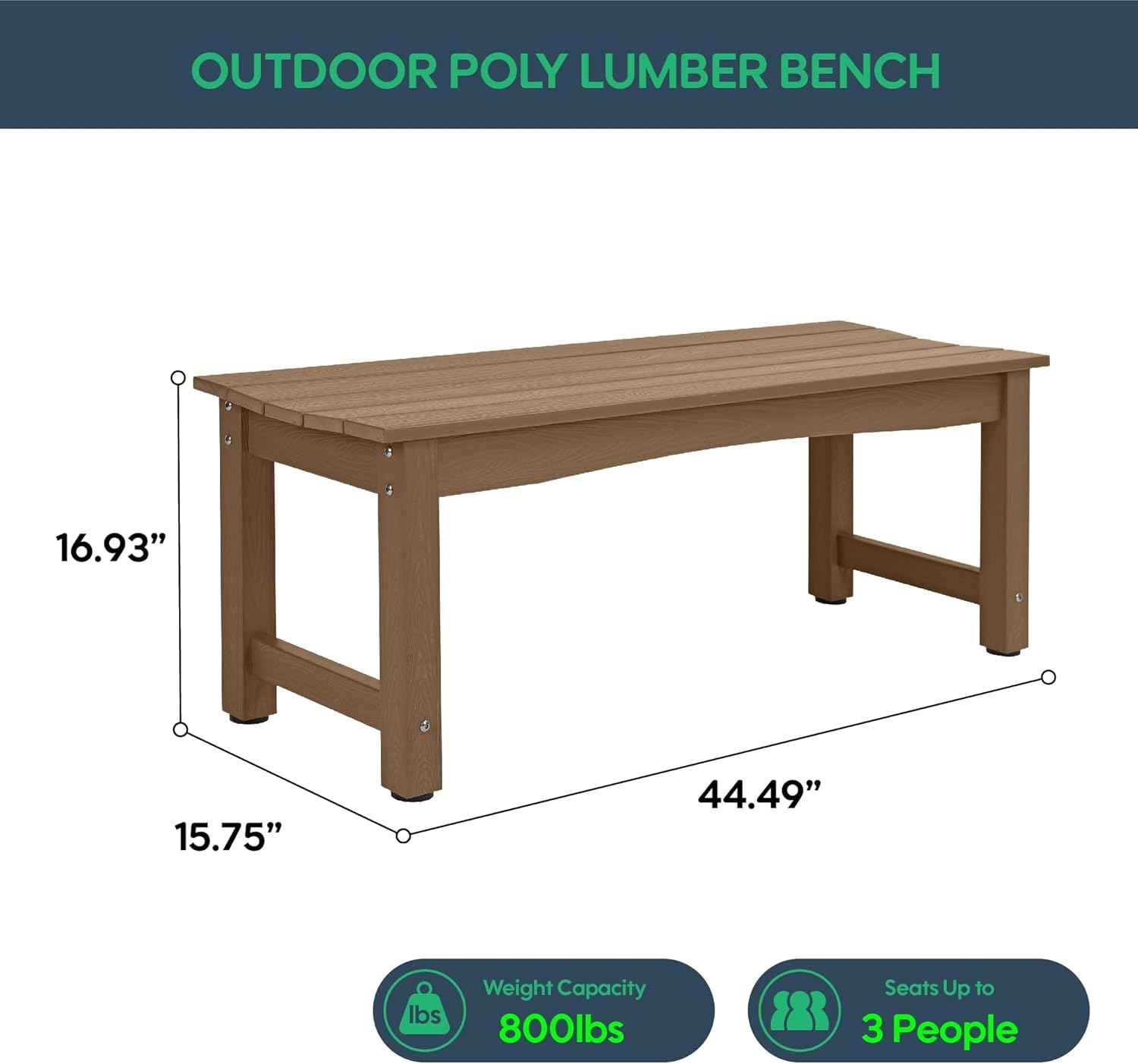 Weatherproof HIPS Outdoor Bench, 2-Person Patio Dining Bench, All-Weather Poly Lumber Garden Bench, Never Rot or Fade, Park Bench with Wood Grains for Porch, Deck, Entryway, Dark Brown