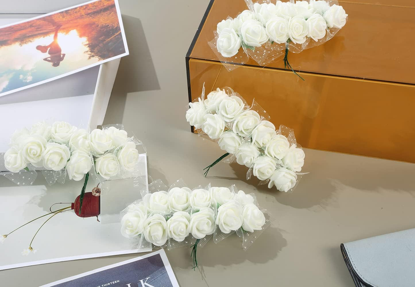 144PCS Mini Fake Roses Artificial Foam Rose Heads with Wire Rods DIY Wedding Flowers Accessories Make Bridal Hair Clips Headbands Dress,Milk White