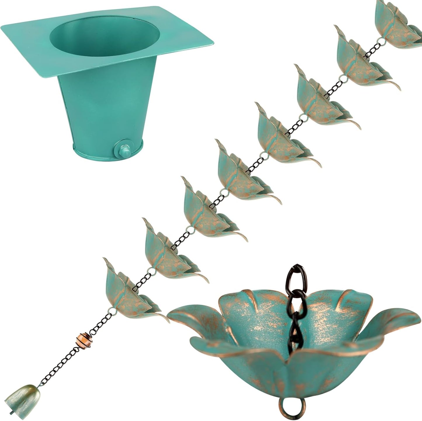 9FT Rain Chain Set with Adapter, Anti-Rust Rain Chain for Ouutside, 16 Flower Rain Chain for Gutter,Garden Decoration Rain Chain, for Family,Friends (Light Blue)