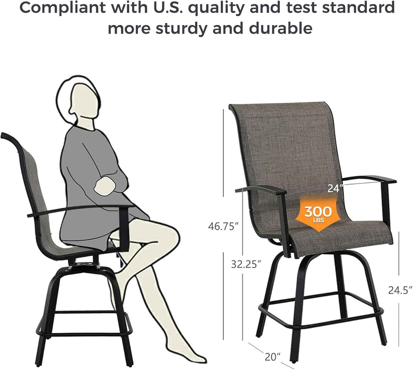 Grand patio Outdoor Swivel Bar Stools with Armrests Backs, 24" Height Patio Chairs for Porch Deck, Set of 4, Outdoor Sling Fabric (Coffee, 4PC)