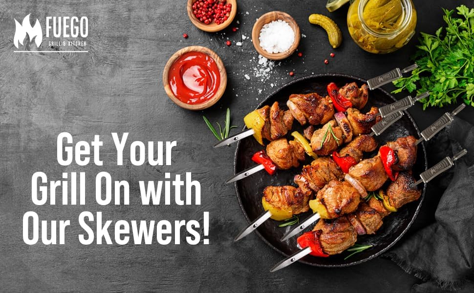 Stainless Steel Skewers | 17.5" Long for Grilling with Slider | Set of 8 | Kabob BBQ Skewers |Kebab | Reusable | Dishwasher Safe |