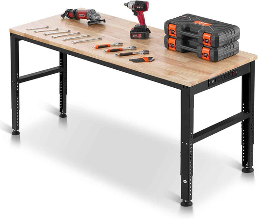 VEVOR Adjustable Workbench, 2000 lbs Capacity, 61 x 20-inch Heavy Duty Work Bench with 27.1-36 Inches Height Adjustment, Garage Workbench with Power Outlets, Suitable for Office, Garage, Workshop