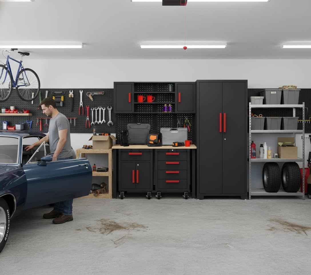 6Piece Garage Storage Cabinet System, Garage Cabinets and Storage System Workshop Set with Steel Cabinet, Cabinet Drawers, Workbench, Pegboard for Tool Organization
