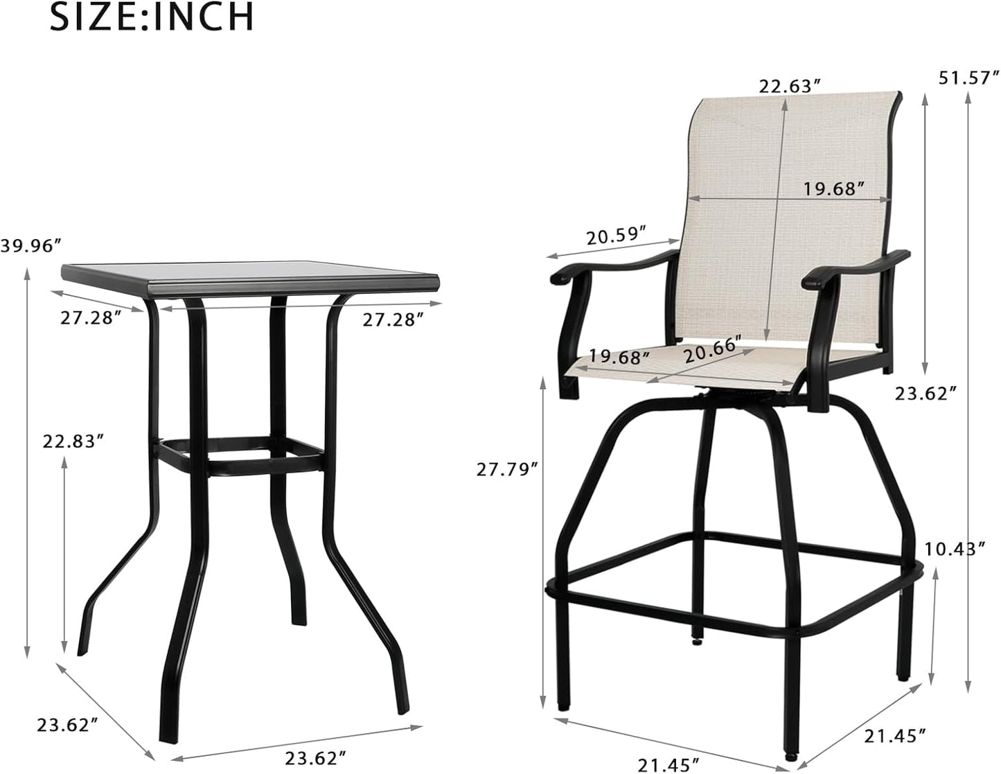 LEVELEVE Patio Bar Set 3pcs Swivel Bar Stools Outdoor Bistro Textilene Furniture Stability All-Weather Set with Height Table (3, Beige Fabric)