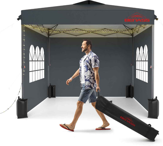 10x10 Pop Up Canopy with Sidewalls, Easy Up Canopy Tent, Heavy Duty Tents for Parties, One Person Set Up Event Tent, Grey