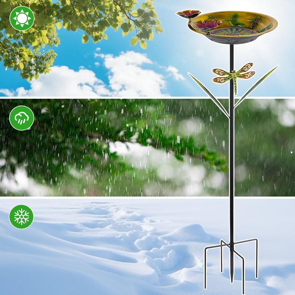 DREAMSOUL 39" Tall Bird Bath with Dragonfly Stake, Metal Birdbath with Flower Feeders, Freestanding Bird Bath for Outside Garden Yard Patio