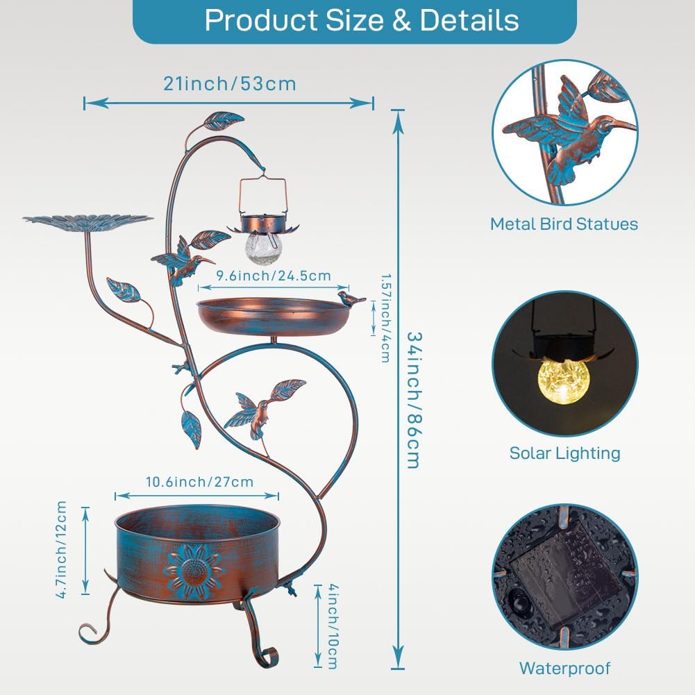 dreamysoul Metal Bird Bath for Outside, Birdbaths Outdoors with Planter and Feeder, Garden Blue Bird Baths with Solar Lights