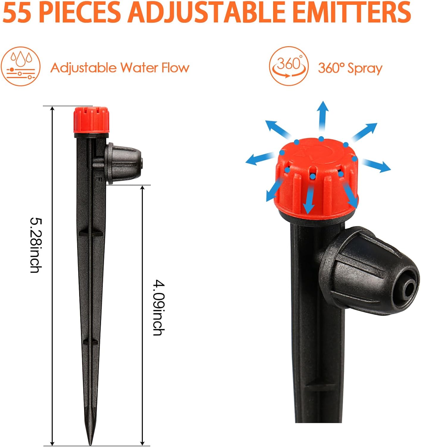 55 Pieces Drip Emitters Stream with Stake for 1/4" Irrigation Tubing: Adjustable 360 Degree Water Flow Irrigation Universal Sprayer Drip Pipe Sprinklers Fittings for Garden Watering System