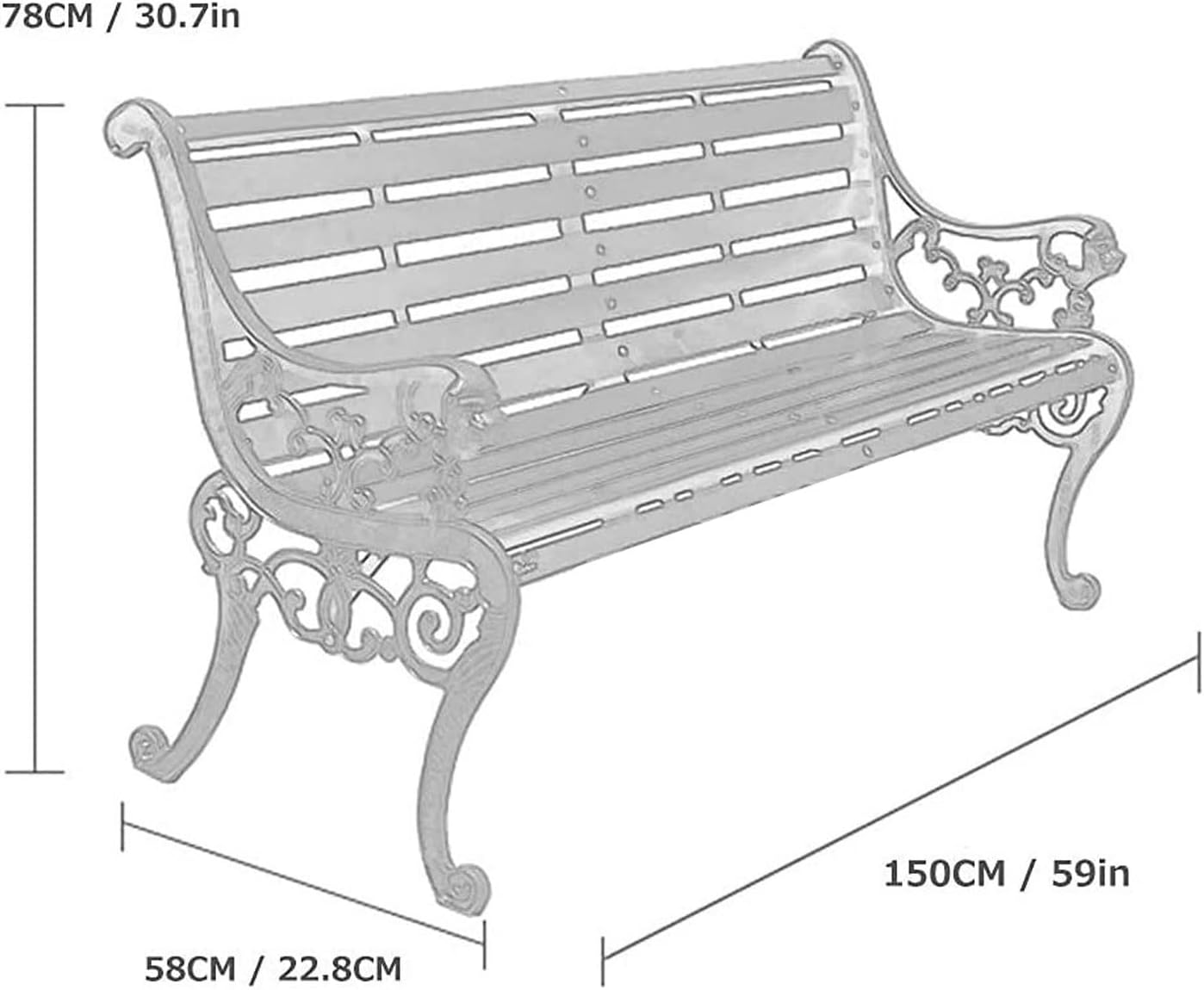 Outdoor Solid Wood Garden Park Bench for 2-3 People, Weatherproof Patio Lawn Bench Porch Seat with Cast Iron Frame, Porch/Deck/Patio Furniture Bench with Backrest and Armrests(Brown+Antique Green Legs