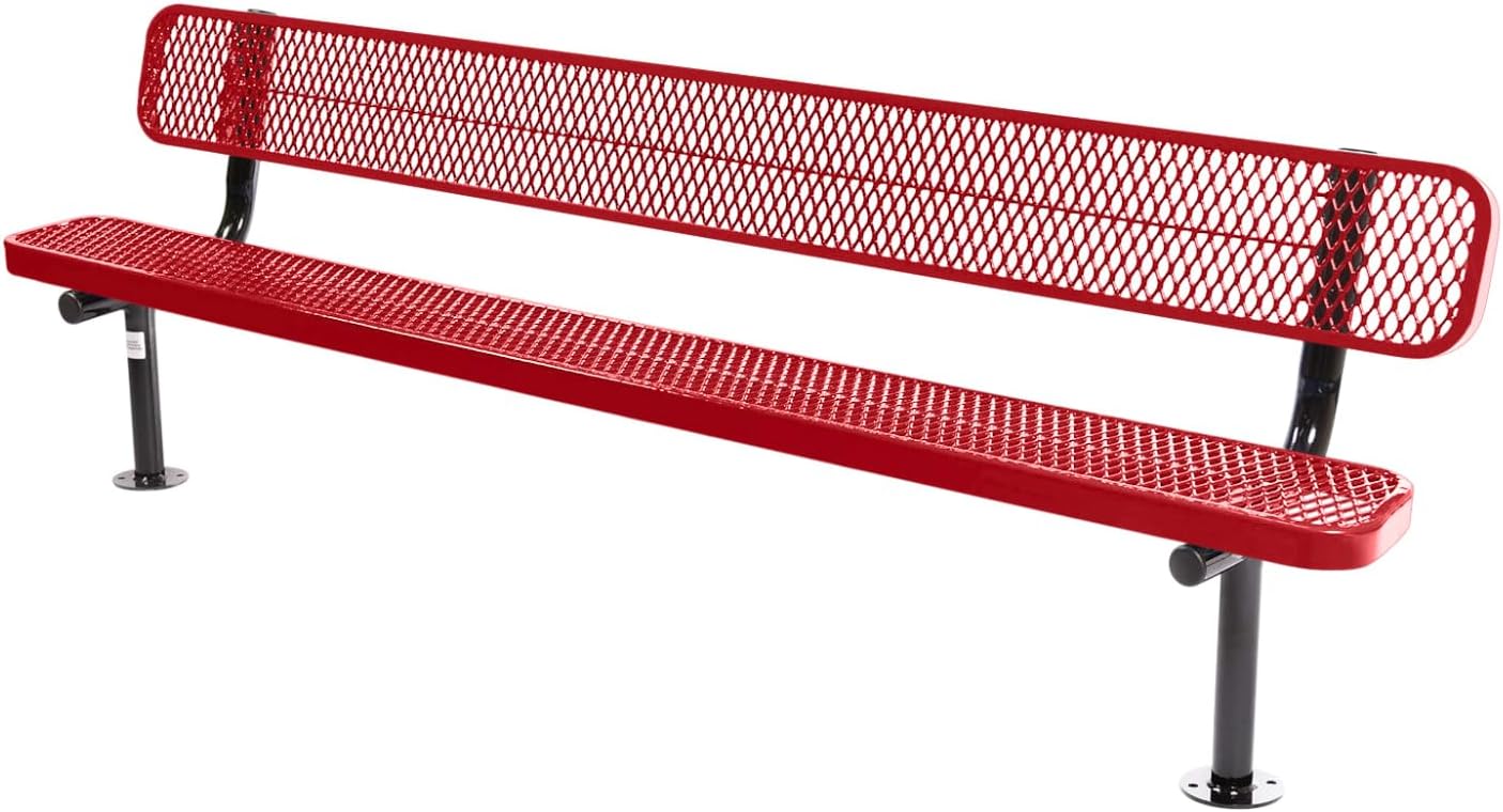Coated Outdoor Furniture Heavy-Duty Outdoor Bench Thermoplastic Coated, Expanded Metal, Commercial-Grade Seating, Made in America (Surface with Back, 8 Ft, Textured Red)