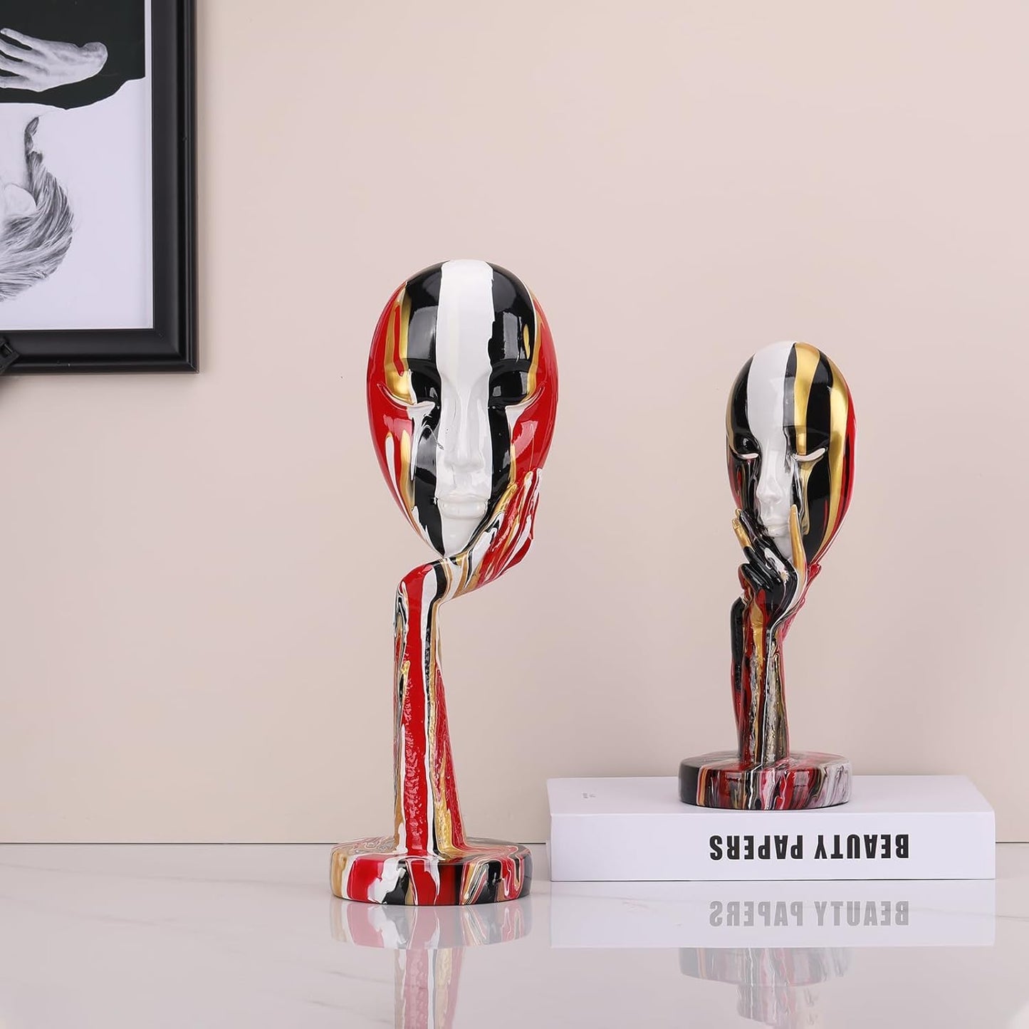 suruim Simple Creative Colorful Female Face Art Statue Thinker Sculpture Abstract Character Crafts Ornament Home Office Bedroom Living Room Study Decoration (Large-1 15.3in)