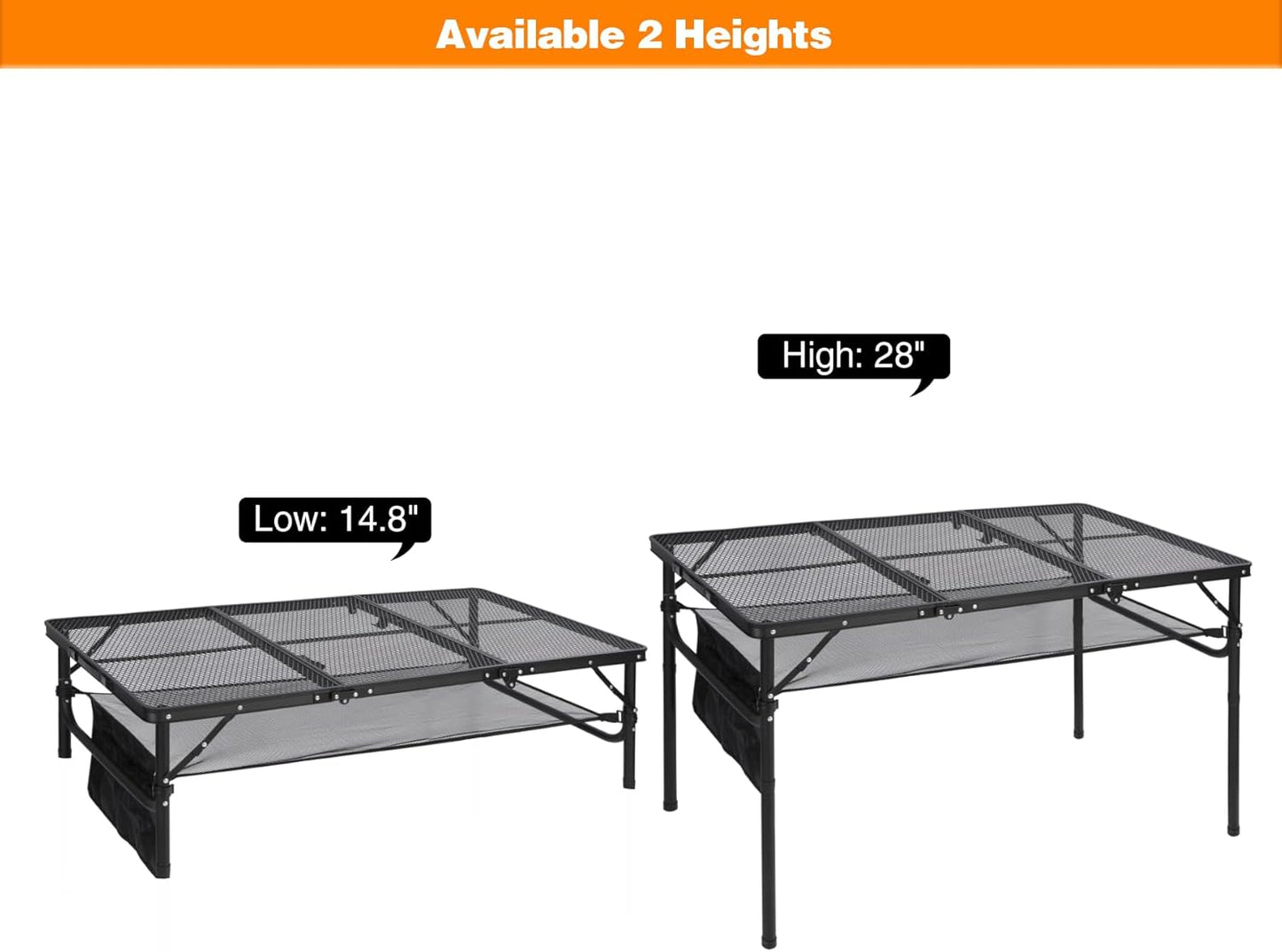 REDCAMP 48x24 Long Folding Grill Table for Outside, Lightweight Portable Double Layer Metal Aluminum Outdoor Grill Table with Adjustable Height Legs, Great for Camping Picnic Cooking BBQ, Black 4ft