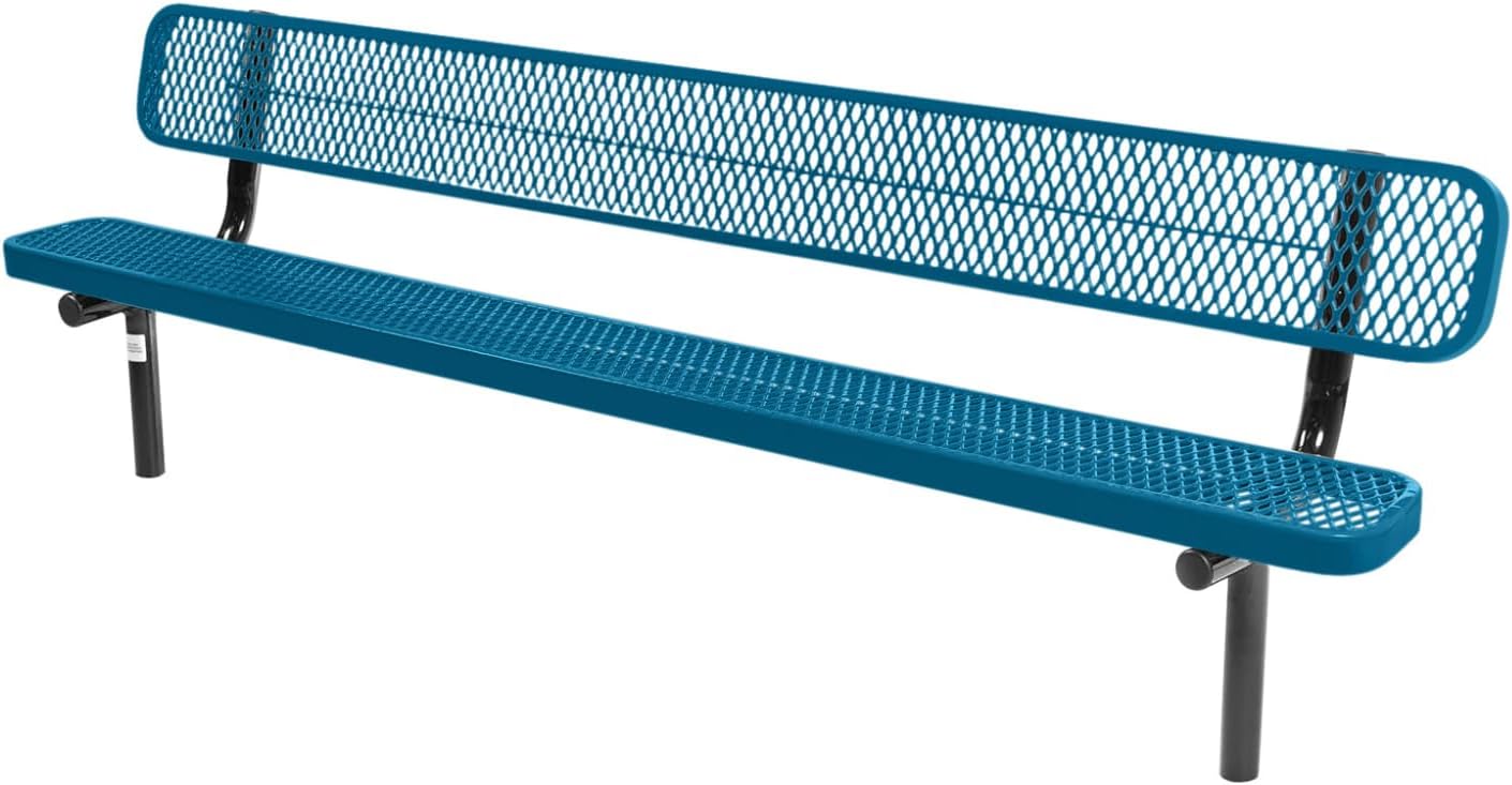Coated Outdoor Furniture Heavy-Duty Outdoor Bench Thermoplastic Coated, Expanded Metal, Commercial-Grade Seating, Made in America (Inground with Back, 8 Ft, Light Blue)