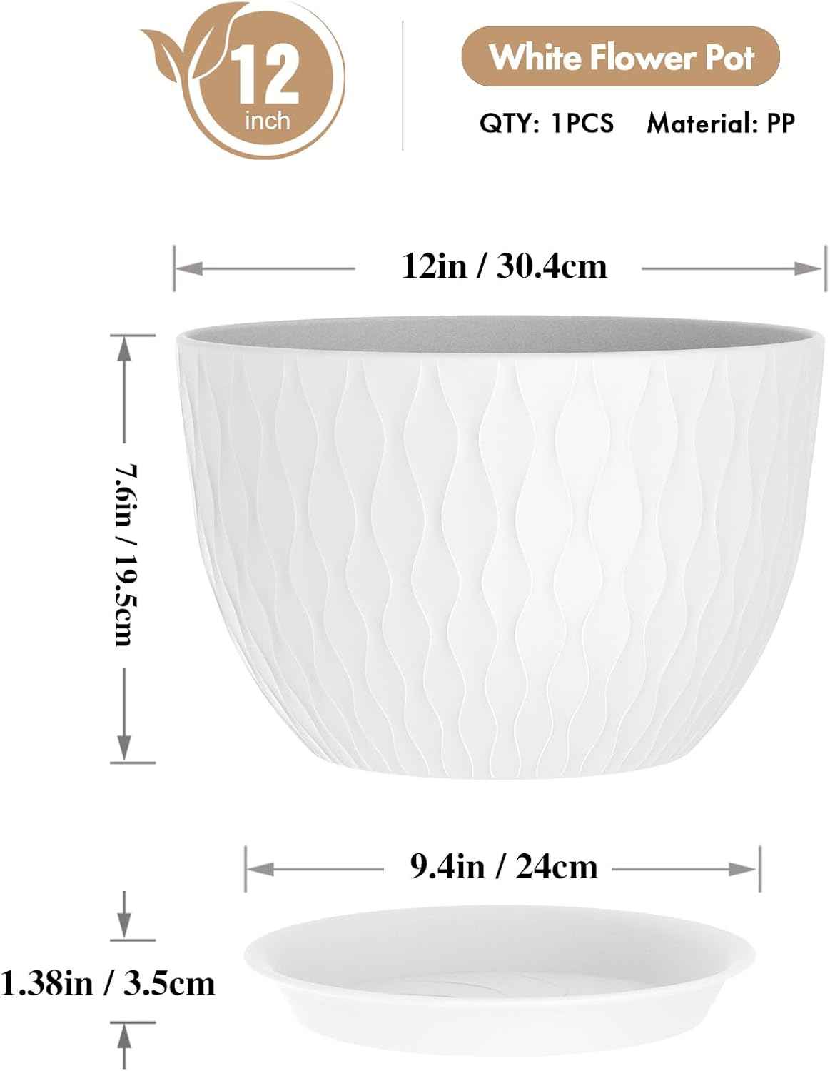 WSMKSZ 12 Inch Large Plant Pots for Indoor or Outdoor Plants, Wide Water Ripples Flower Pots with Drainage Holes & Saucer, Plastic Planters Set for Garden & Home Decor (White)