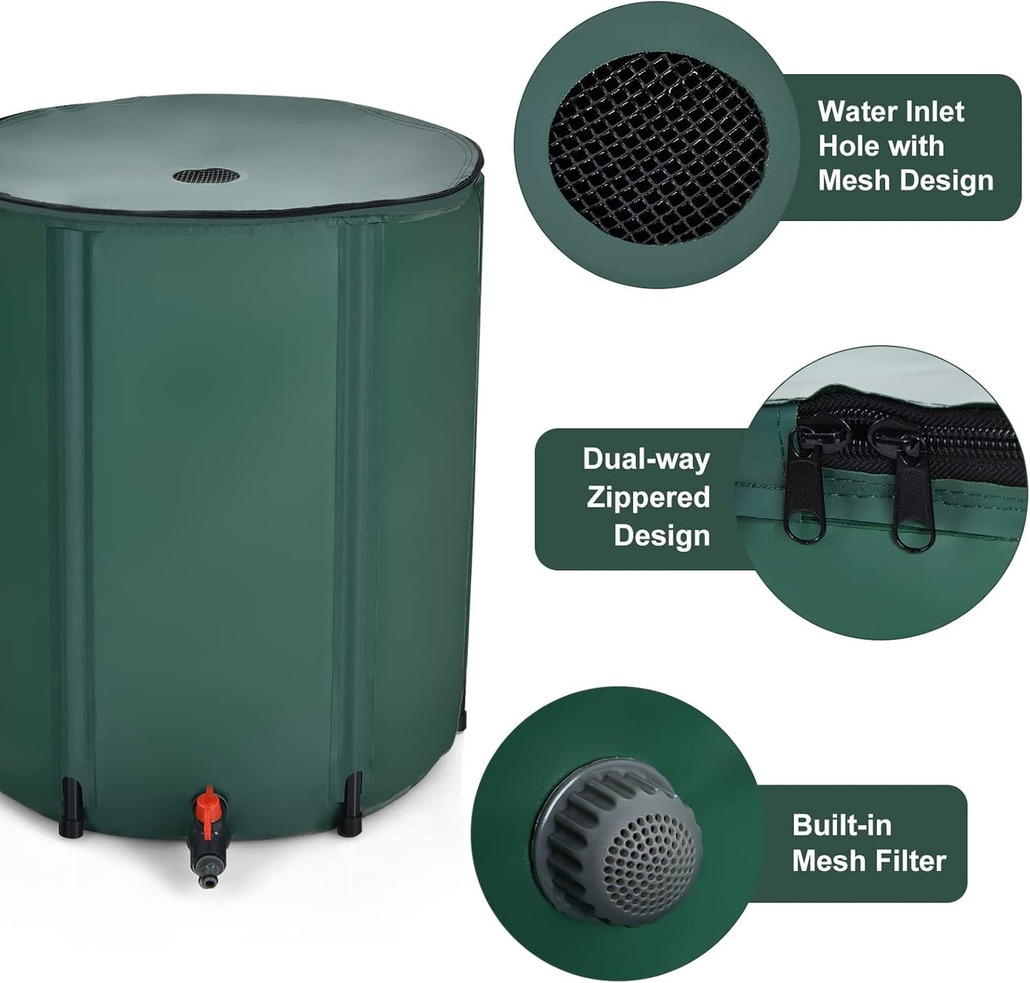 Goflame Rain Barrel Water Collector Portable Foldable Collapsible Tank,Spigot Filter Water Storage Container, Green (60 Gallon)