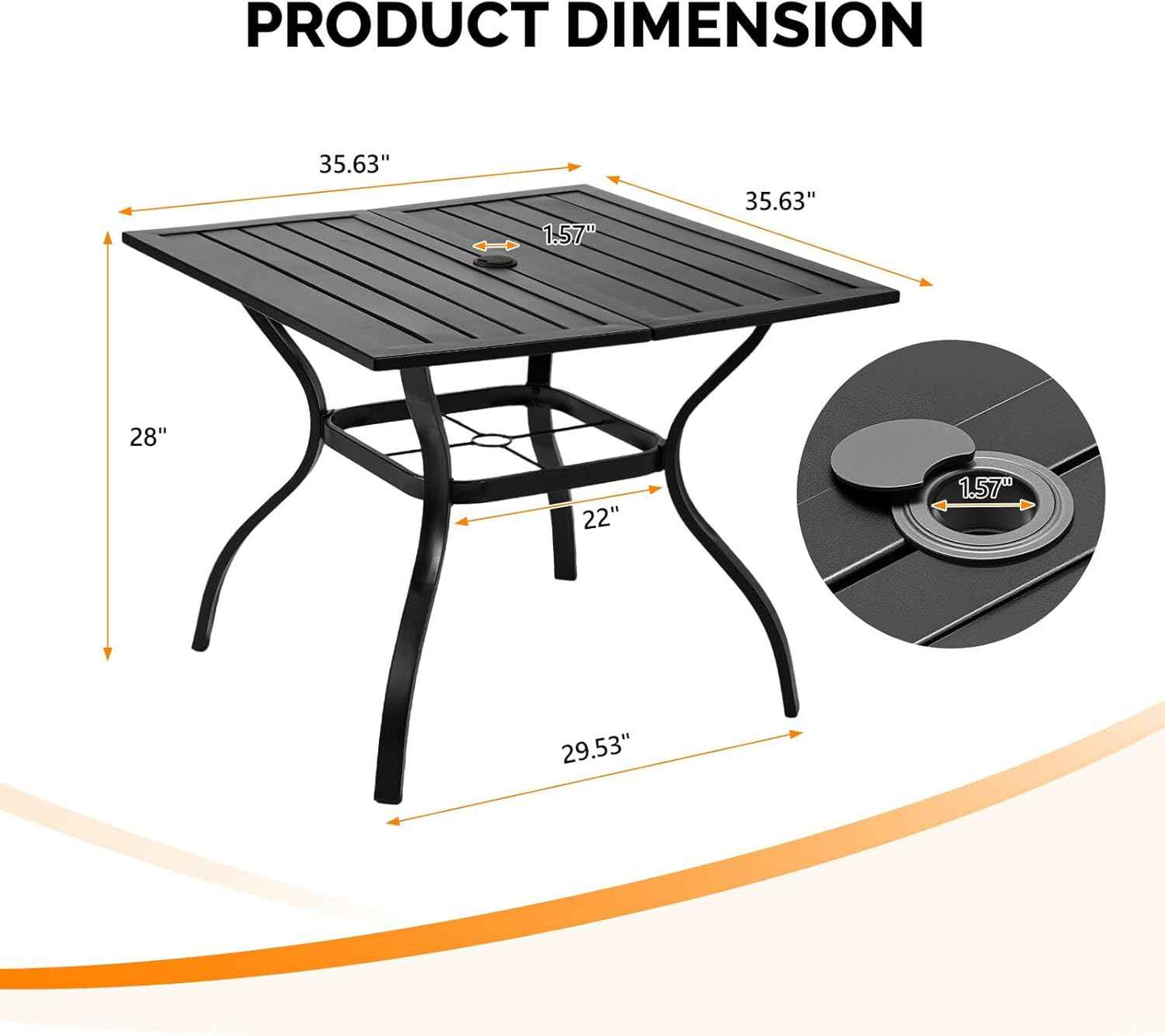 VINGLI 36" Square Patio Table for 4, Metal Outdoor Dining Table with Umbrella Hole, All-Weather Steel Patio Dining Table Outdoor Table for Lawn, Garden, Backyard, Black
