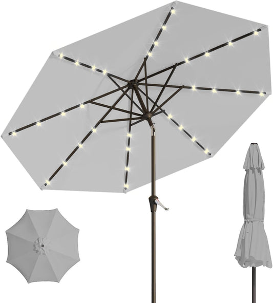 9FT Solar Umbrella 32 LED Lighted Patio Umbrella Table Market Umbrella w/Tilt and Crank, UV-Resistant Outdoor Umbrella for Pool, Garden, Deck, Light Gray