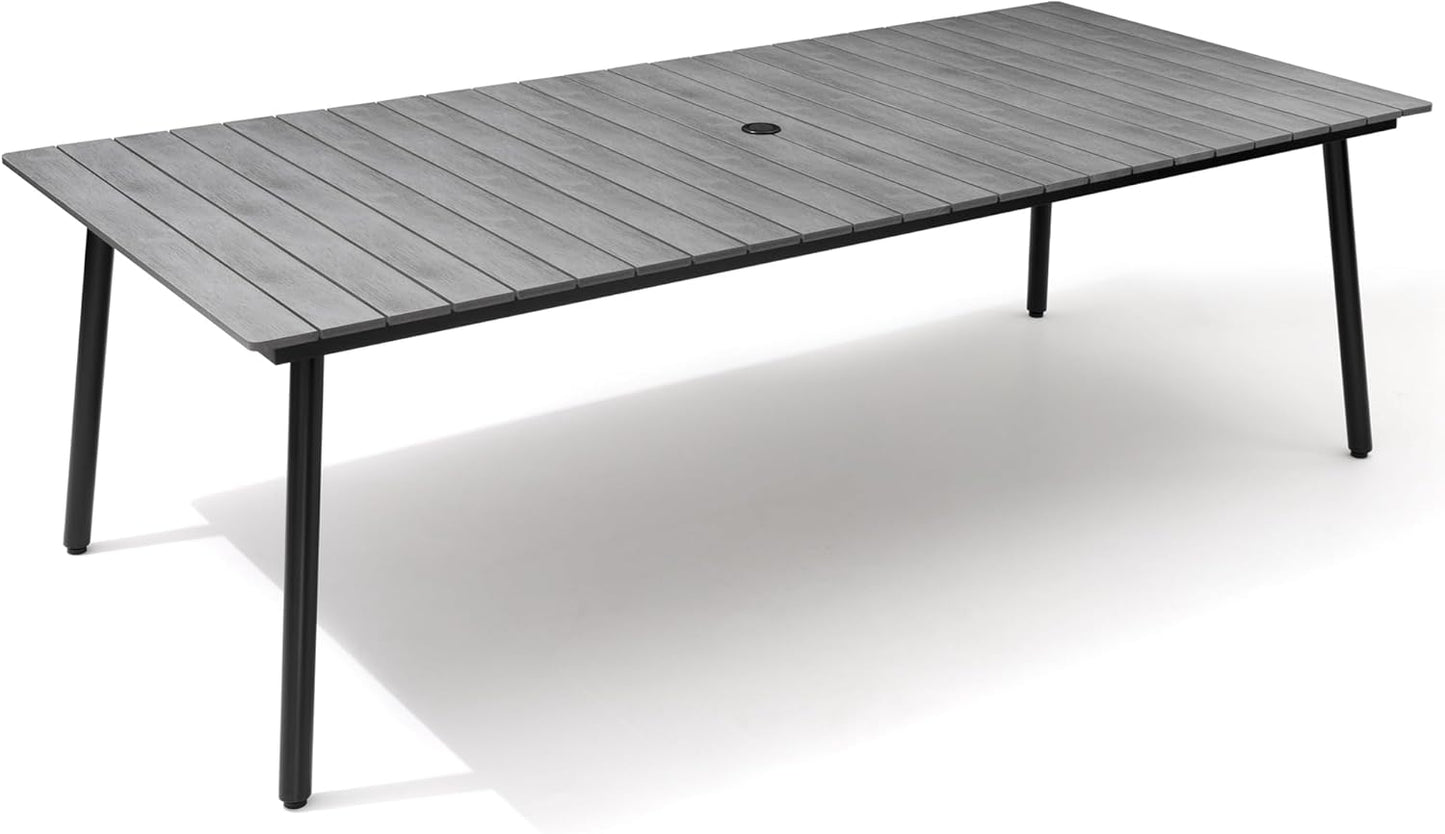 Outdoor Dining Table for 8-10, 94.5 inch Patio Dining Table with Wooden-Like Top and Aluminum Frame, Rectangular Table with Umbrella Hole Outdoor Furniture, Grey