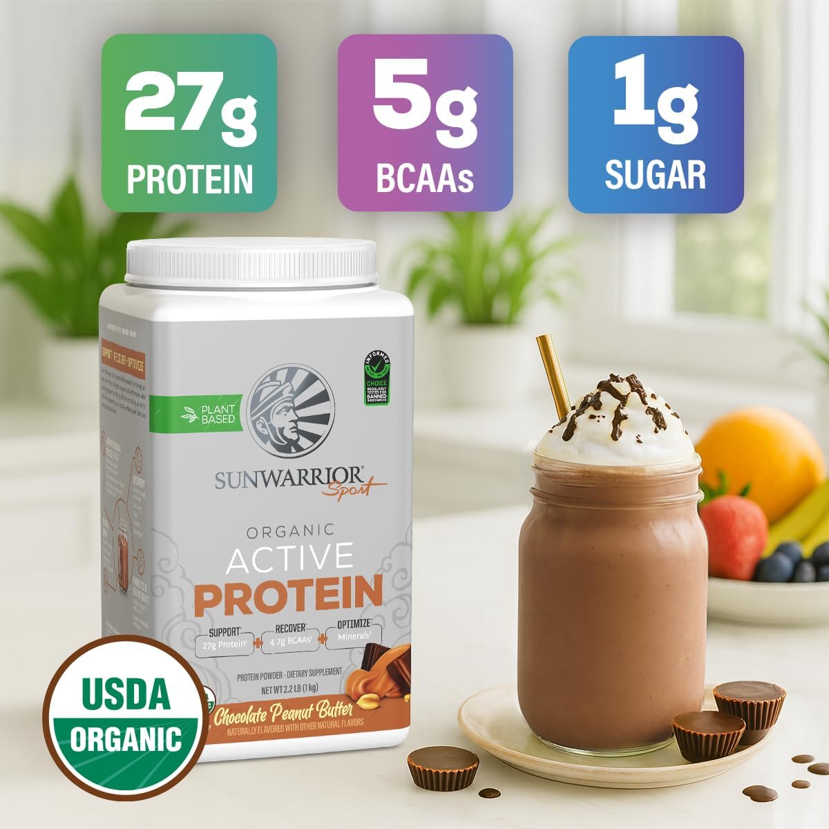 Sunwarrior Organic Plant Based Protein Powder | Vegan Organic Protein Powder with BCAAs Plus Recovery Minerals & Botanicals | Non-GMO Soy Dairy & Gluten Free (Chocolate Peanut Butter, 20 Servings)