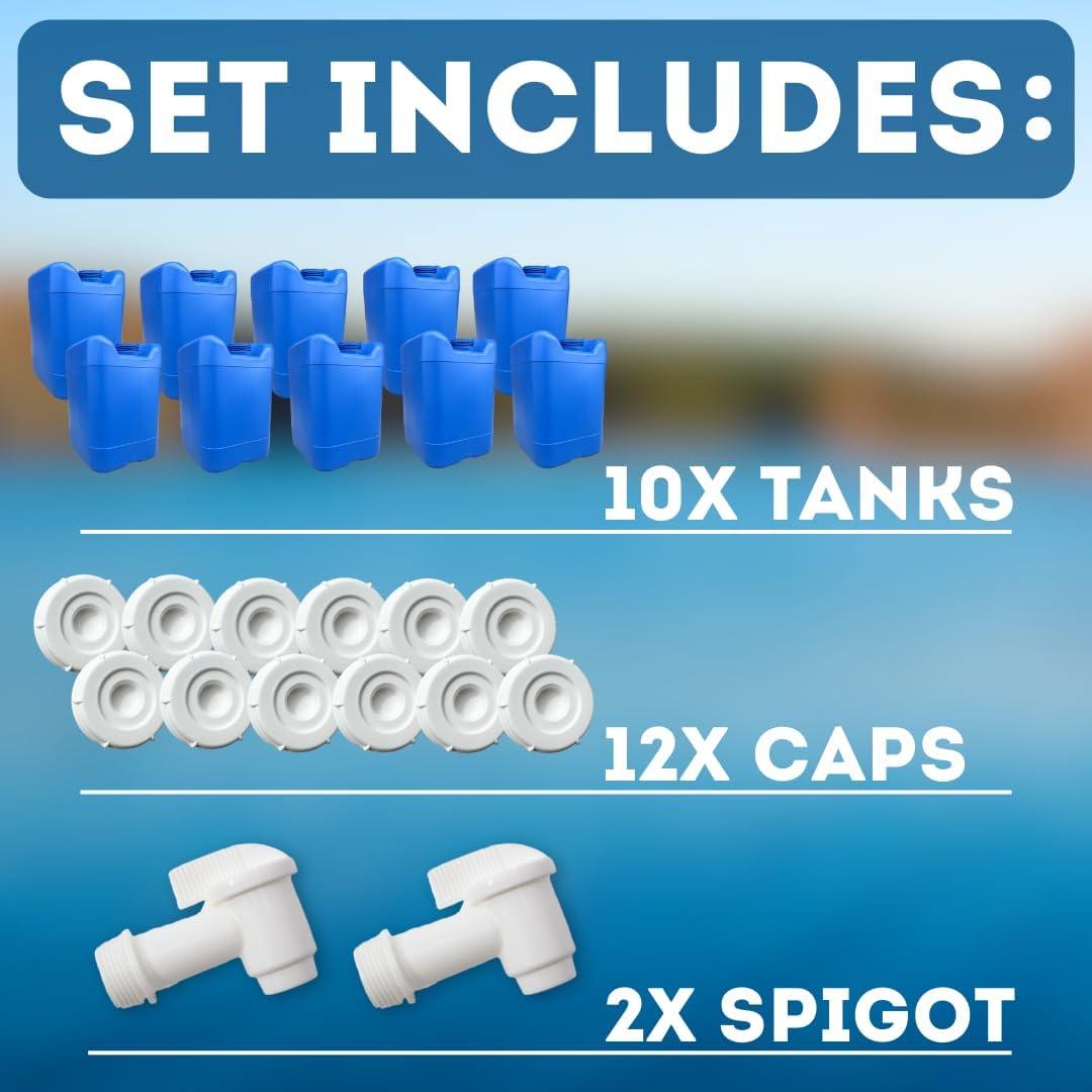 5-Gallon Stackable Water Storage Containers, w/Lids + Spigot, Easy Fill, Survial Supply, Emergency Water Storage for Camping and Disaster Preparedness, RV, 50 Gallon Set (10 Tanks)