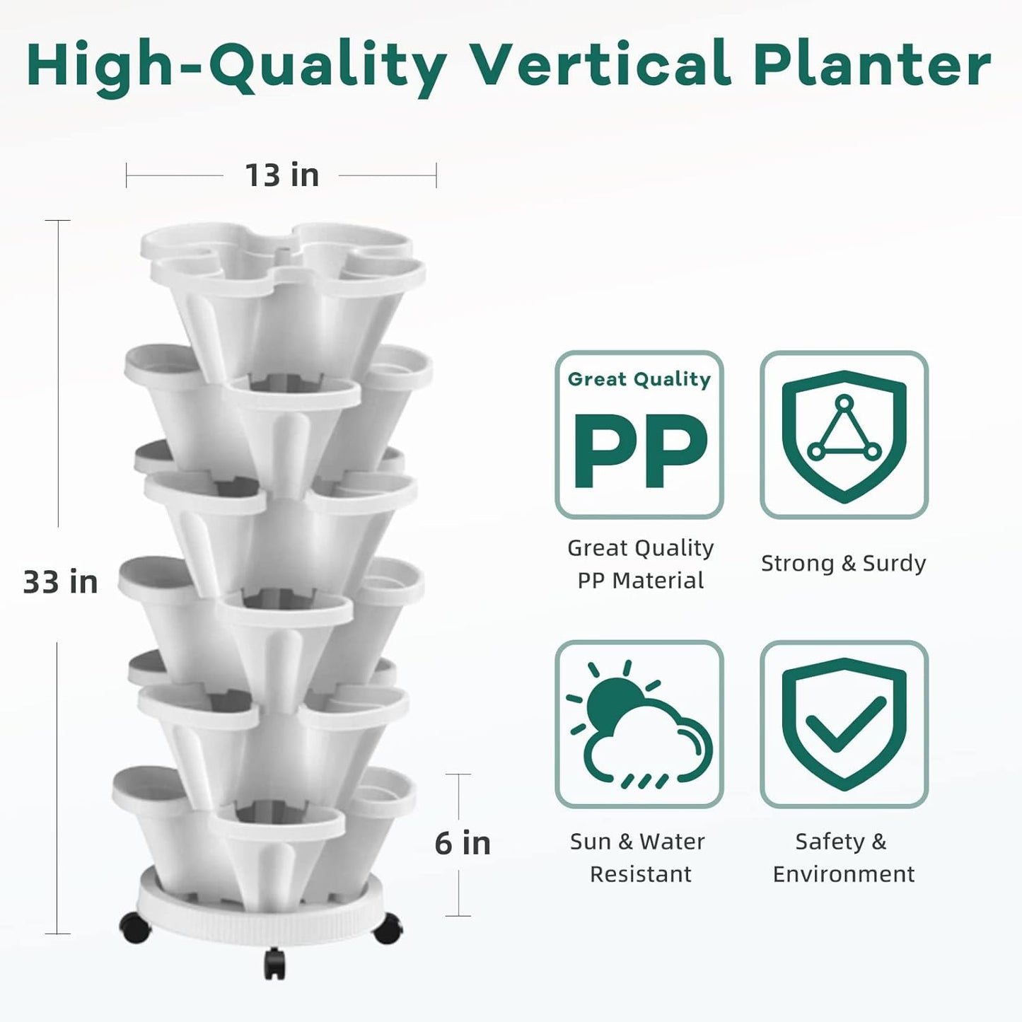 Strawberry Vertical Planters, 6 Tiered Stacking Tower Garden, Stackable Herb Vegetable Planters with Movable Casters and Bottom Saucer Indoor and Outdoor - White