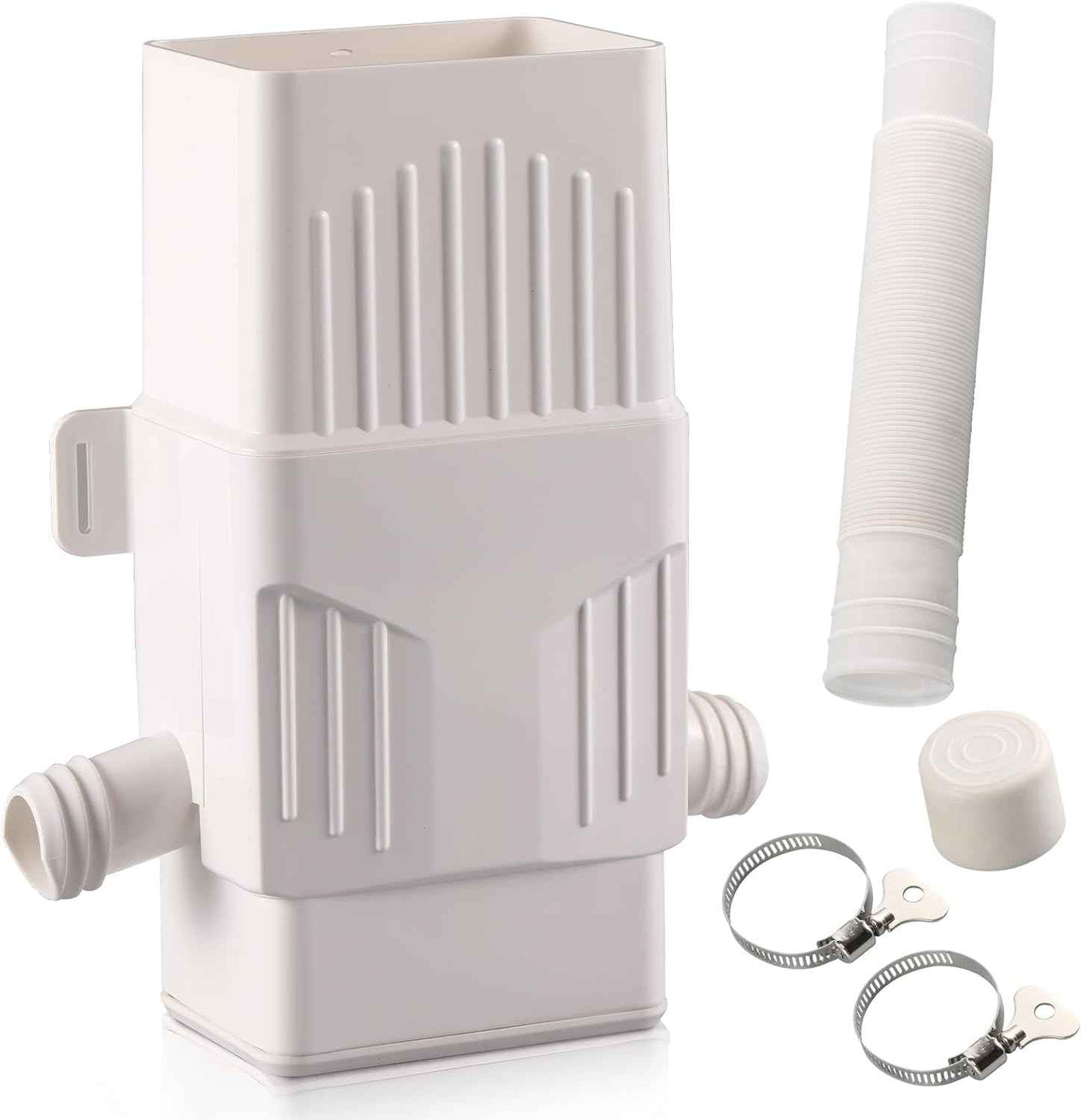 Rainwater Collection System, Rain Barrel Diverter Kit for 2x3”and 3x4” Downspouts, with Filtration and Hose, Rain Diverter, Downspout Diverter, White