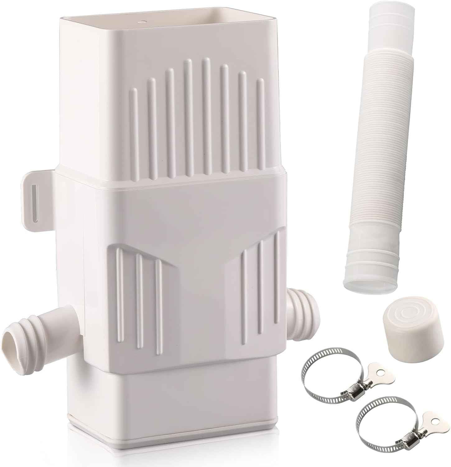 Rainwater Collection System, Rain Barrel Diverter Kit for 2x3”and 3x4” Downspouts, with Filtration and Hose, Rain Diverter, Downspout Diverter, White