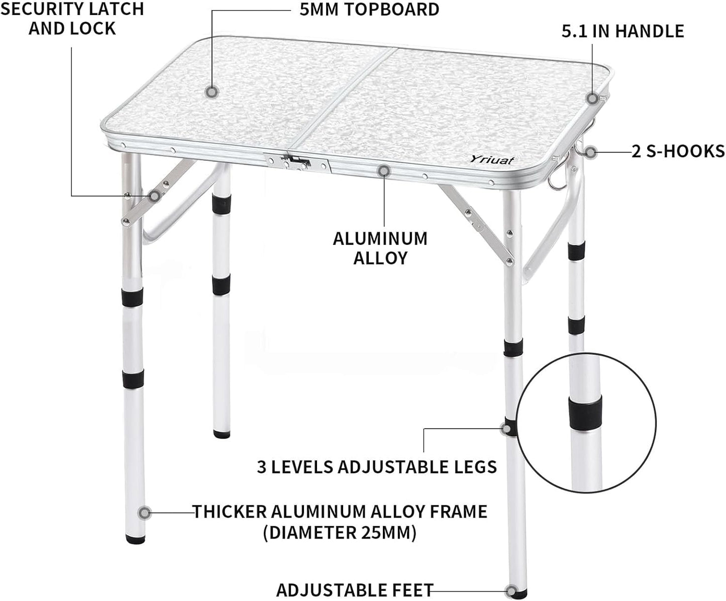 Yriuat Folding Camping Table 2ft Portable Picnic Table Adjustable Height Small Card Table Aluminum Foldable Lightweight with Carry Handle for Outdoor Indoor Hiking Camp BBQ Beach