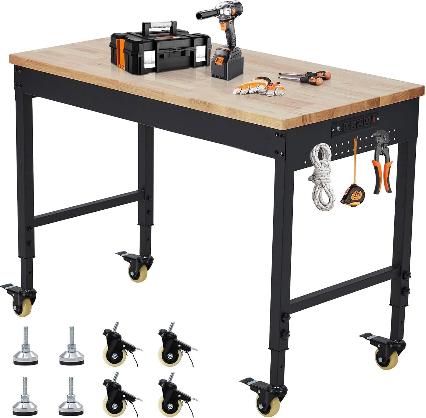 75'' Adjustable Workbench on Wheels, 2000LBS Heavy Duty Worktable with Power Outlets, Rubberwood Workstation for Workshop, Garage, Office, Home