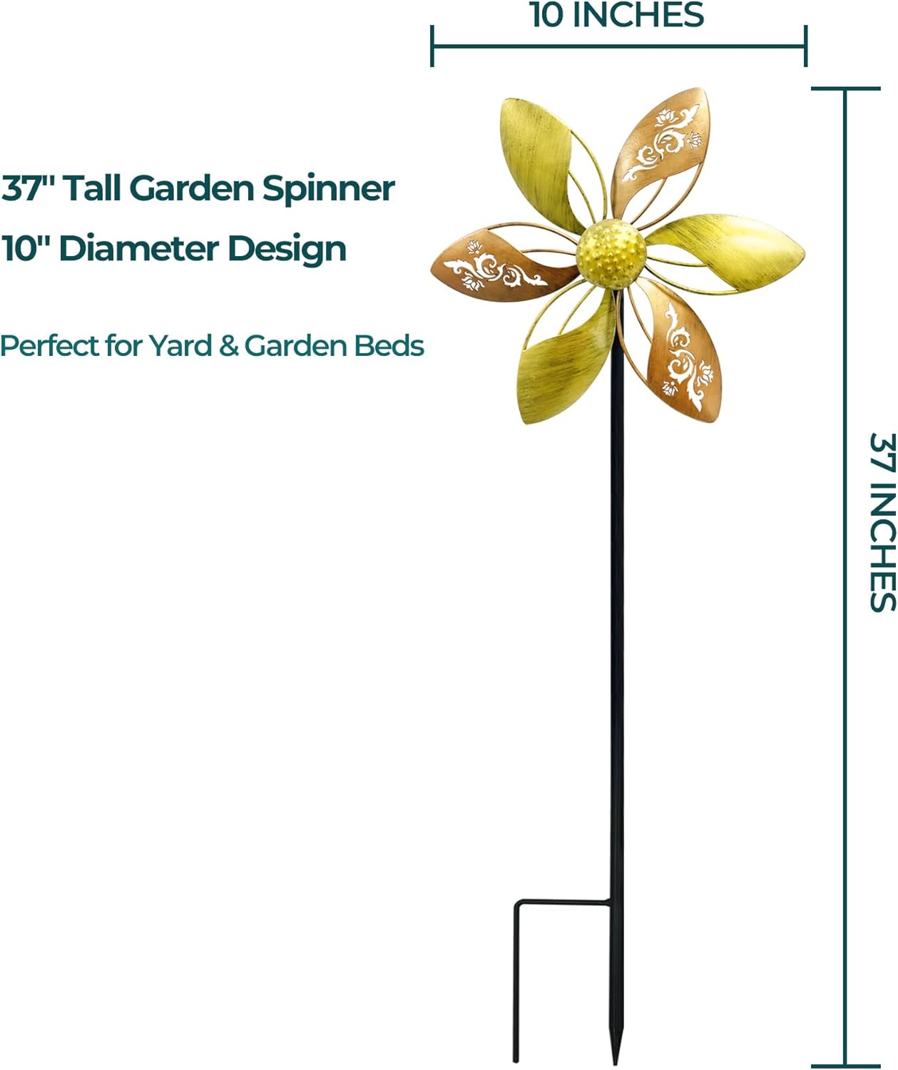 37" Metal Wind Spinner for Yard & Garden, 10" Kinetic Outdoor Garden Spinner, Rust-Resistant Decorative Yard Art (Gold Ornate Laser-Cut Floral)
