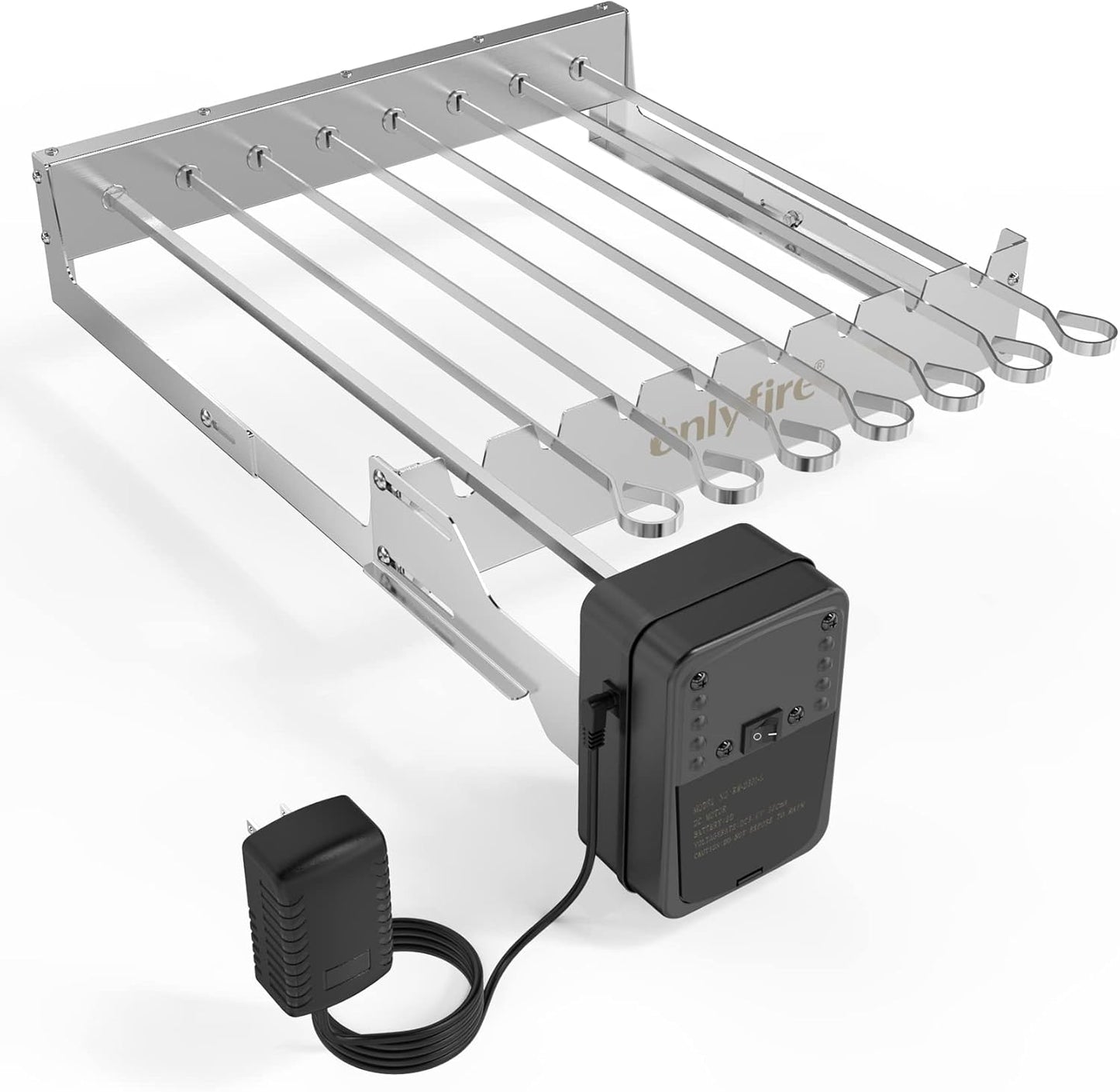 only fire Stainless Steel Electric Skewer Turner, Rotated Grilling Rack Shish Kabob Set with 7 Skewers and Dual-Purpose Rotisserie Motor