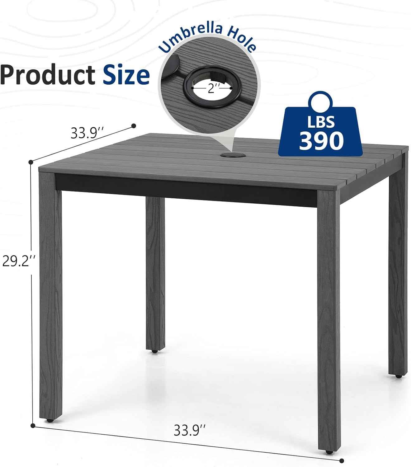 Outdoor Dining Table, Weatherproof 34" Square HIPS Patio Dining Table for 4, with 2" Umbrella Hole, Outdoor Table for Backyard Deck Poolside, Grey