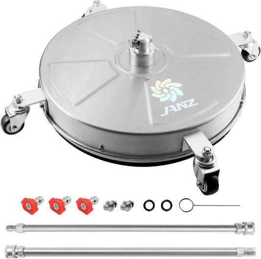 JANZ 18" Pressure Washer Surface Cleaner with 4 Wheels,1/4" Quick Plug,Stainless Steel Housing,2 Extension Wand Attachments, 3 Spray Nozzles and 2 Replacement Nozzles, 4000 PSI