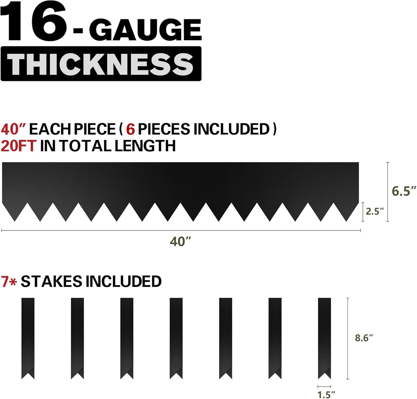 KOL Galvanized Steel Garden Lawn Edging, 6-Pack Black Bendable Metal Landscape Edging Strips - Heavy Duty Hammer-in Border with 7 Clips - 16-Gauge - 40" L x 6.5" H (20FT Total Length)