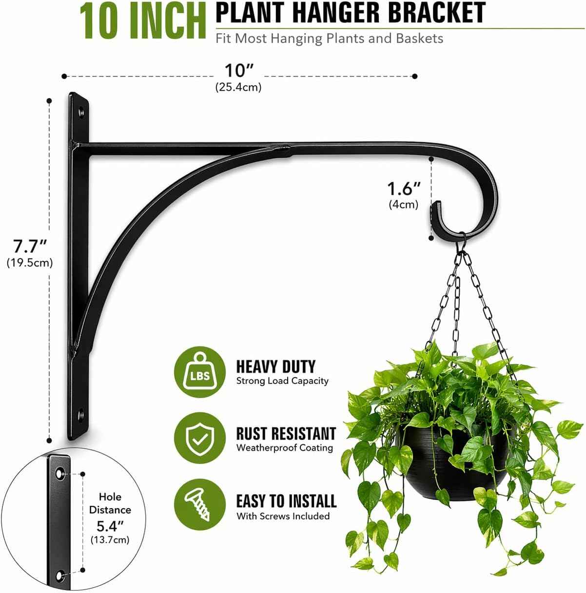 Plant Hangers Outdoor Indoor, 10 Inch Heavy Duty Wall Hooks 2/4 Pack, Decorative Iron Plant Hooks for Hanging Plants, Bird Feeders, Wind Chimes, Flower Baskets (1Pack)